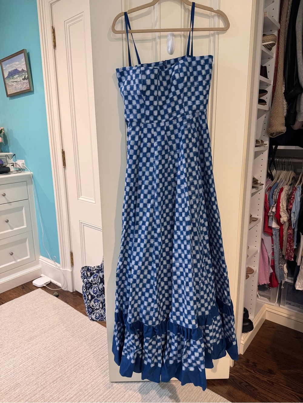 Blue Checkered Maxi Dress with Spaghetti Straps